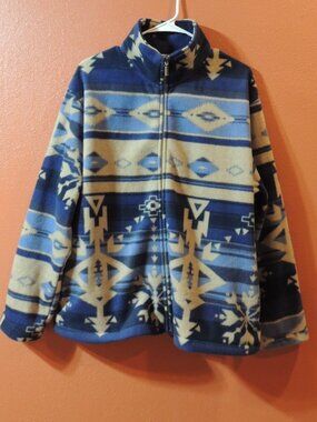 Native American Jacket Jane Ashley Woman 1X Blue Tan Gray Full Zip Pocket Jacket